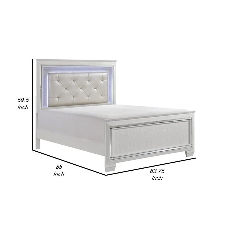 Noah Contemporary Queen Bed, LED Backlit Crystal Tufted Headboard, White-Benzara