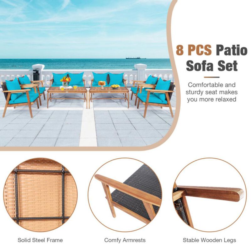 Hivvago 4 Pieces Acacia Wood Patio Rattan Furniture Set with Zippered Cushions