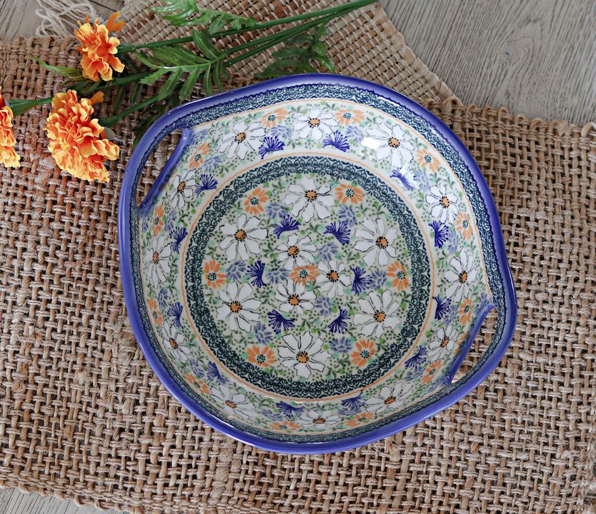 Blue Rose Polish Pottery Clover Fields Deep Serving Bowl with Handles