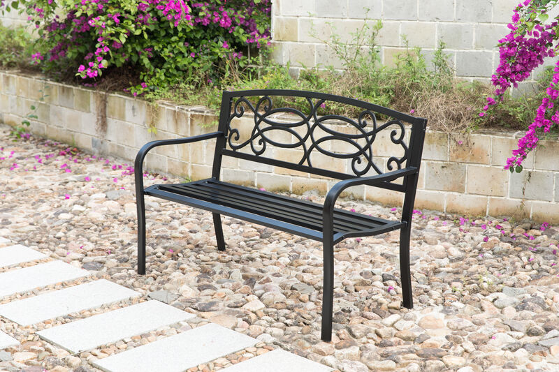 Steel Outdoor Patio Garden Park Seating Bench with Cast Iron Scrollwork Backrest, Front Porch Yard Bench Lawn Decor