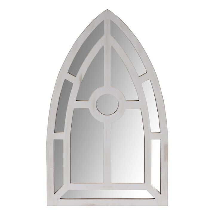 Arched Window Pane Wooden Wall Mirror with Trimmed Details, Silver-Benzara