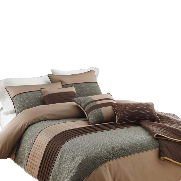 7 Piece King Polyester Comforter Set with Pleats and Texture, Gray and Brown-Benzara