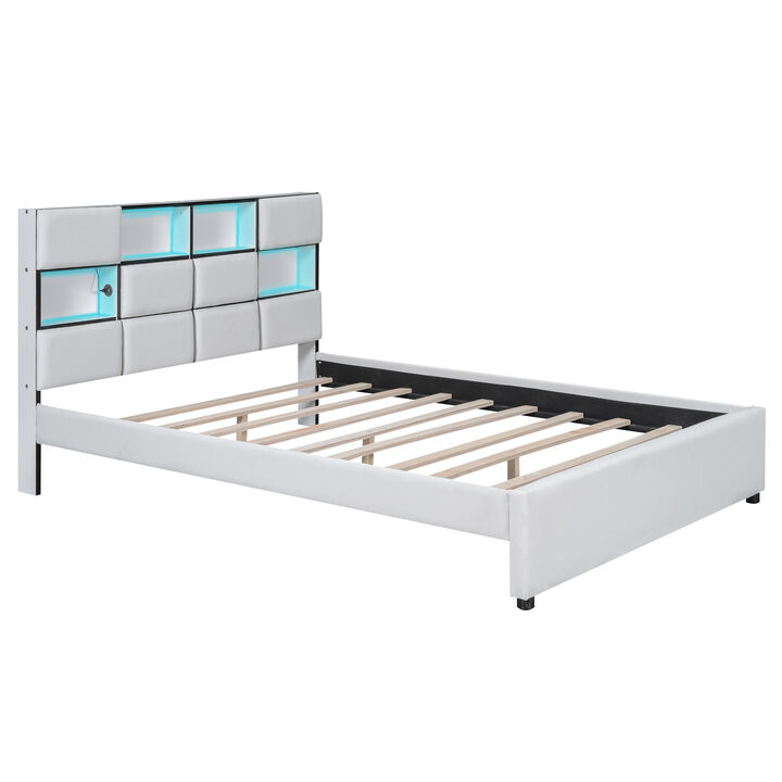 Queen Size Upholstered Platform Bed with LED, Storage and USB, Beige