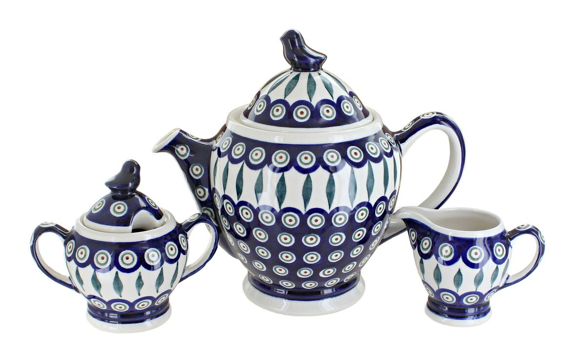 Blue Rose Polish Pottery Peacock 3 PC Coffee Pot Set with Bird Topper