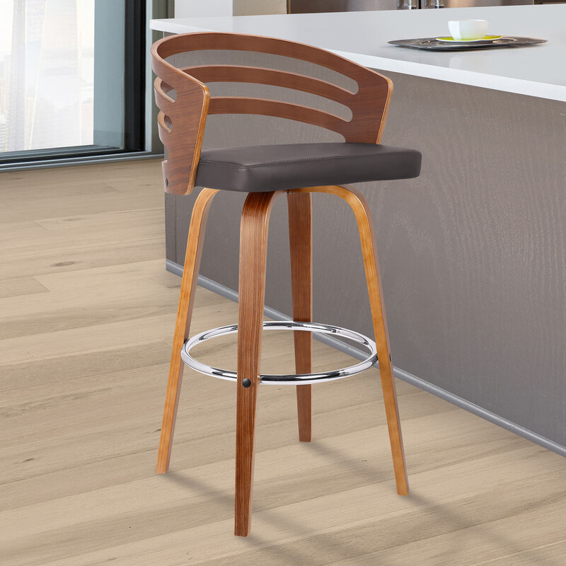 Jayden  Counter Height Swivel Grey Faux Leather and Walnut Wood Bar Stool