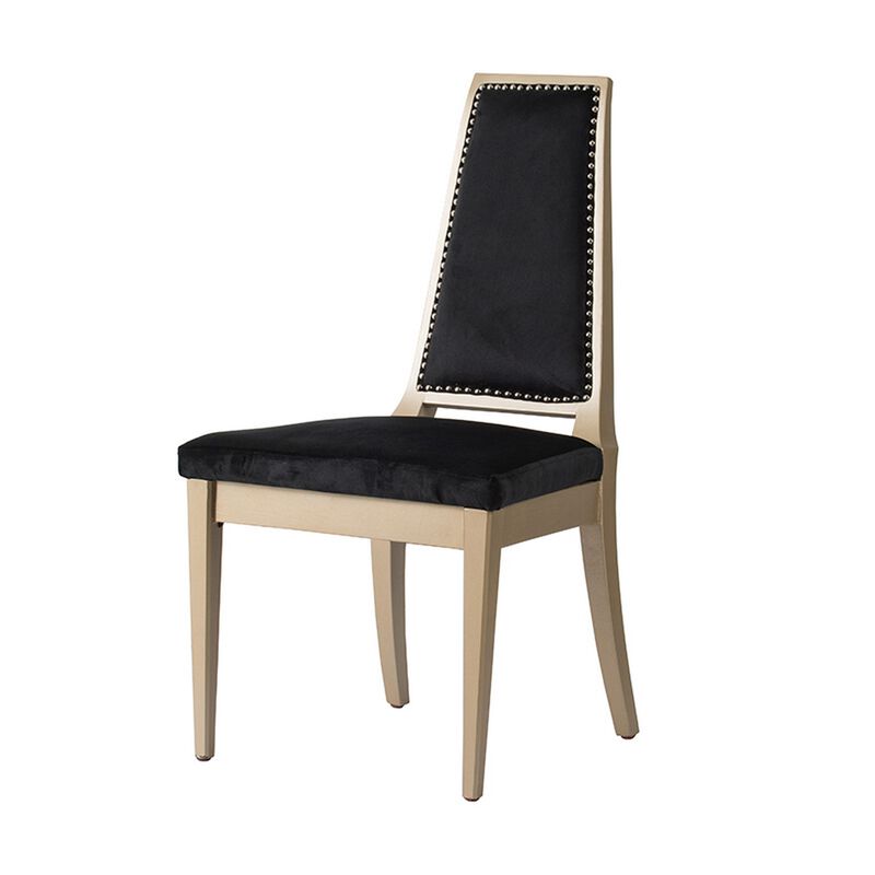 23 Inch Side Dining Chair, Black Soft Velvet Upholstery, Beige Rubberwood - Benzara