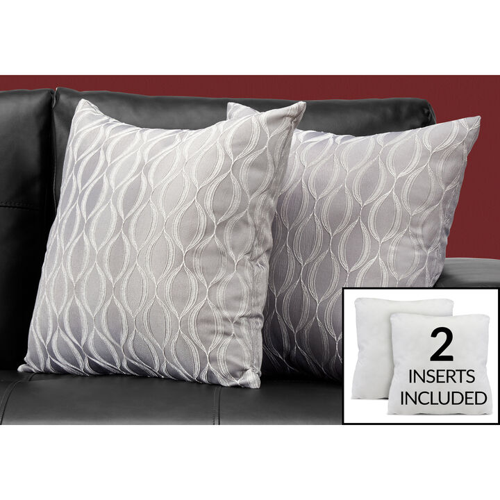 Monarch Specialties I 9347 Pillows, Set Of 2, 18 X 18 Square, Insert Included, Decorative Throw, Accent, Sofa, Couch, Bedroom, Polyester, Hypoallergenic, Grey, Modern