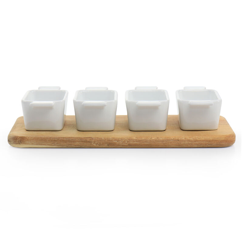 Gibson Elite Gracious Dining 5 Piece Fine Ceramic Tidbit Dish Set with Acacia Wood Base