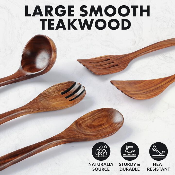 5-Piece Teak Wooden Utensils Set for Cooking