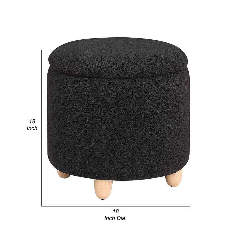 Aia 18 Inch Storage Ottoman, Black Faux Sheepskin, Round Rubberwood Feet - Benzara