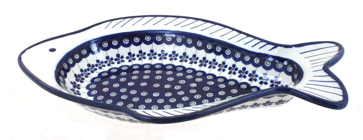 Blue Rose Polish Pottery Flowering Peacock Fish Serving Dish