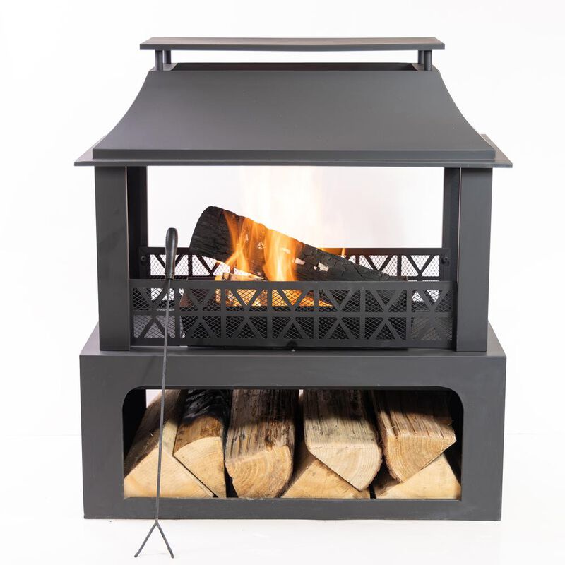 Deko Living 36 Inch Rectangular Outdoor Steel Woodburning Fireplace with Log Storage