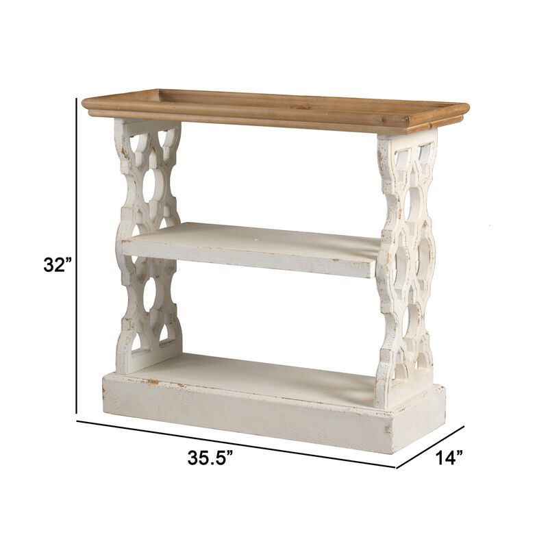 35 Inch 3 Tier Console Table, Fir Wood, Carved Panels, Brown and White-Benzara