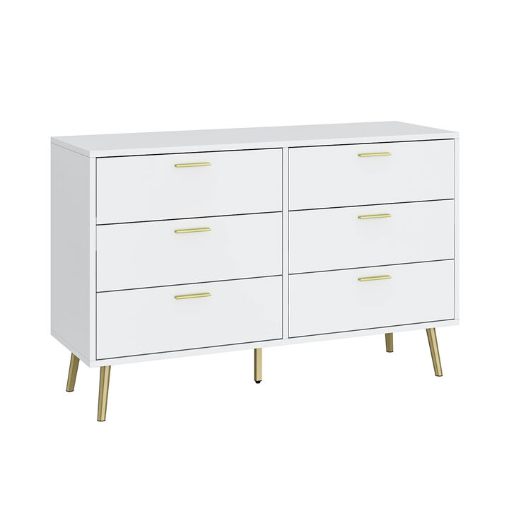 47.2&rdquo; 6 Drawer Dresser, Modern 6-Drawer Chest with Gold Metal Handles, Bedroom Dresser with Gold Metal Legs, for Living Room Entryway (47.2&rdquo;W x 15.7&rdquo;D x 30.1&rdquo;H)