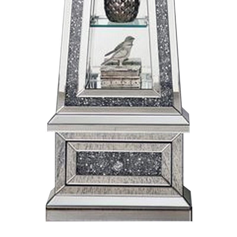 Mirrored Grandfather Clock with 3 Open Compartments, Silver-Benzara