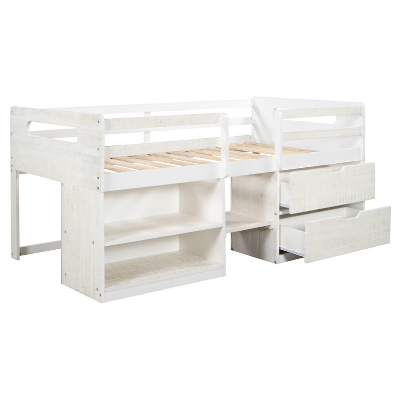 Twin size Loft Bed with Two Shelves and Two drawers (White)