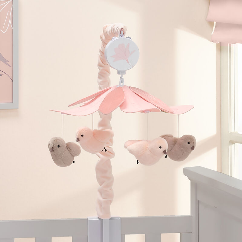 Lambs & Ivy Petals Pink/Gray Birds Musical Baby Crib Mobile Soother Toy