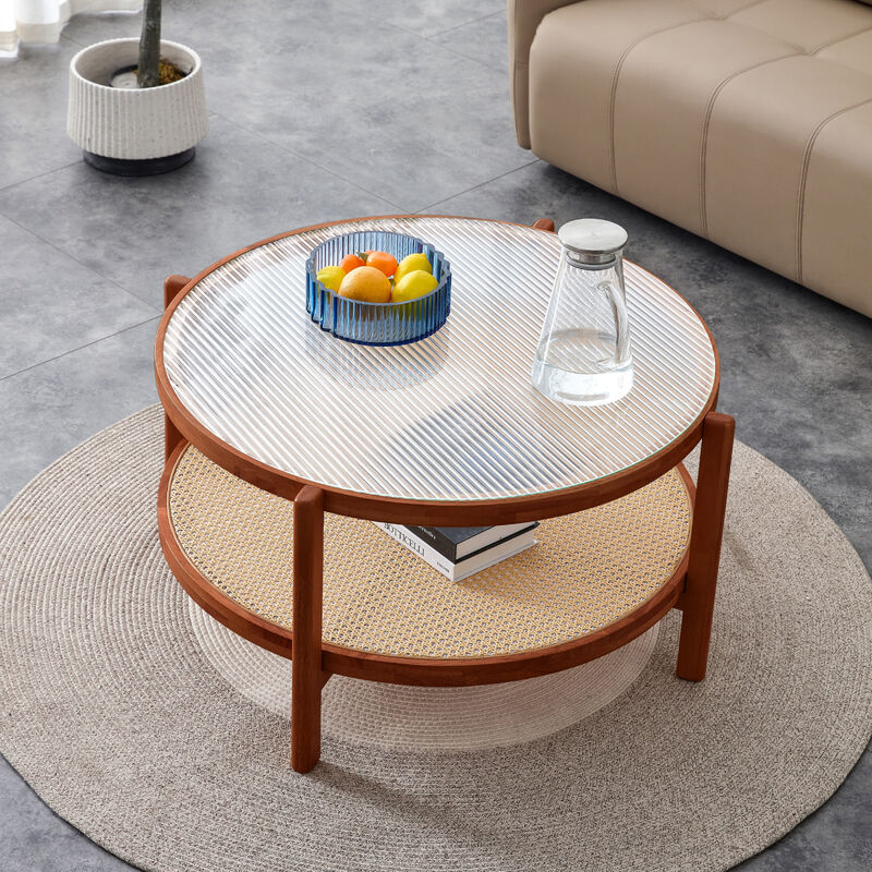 Modern Minimalist Solid Wood Coffee Table with Craft Glass Tabletop