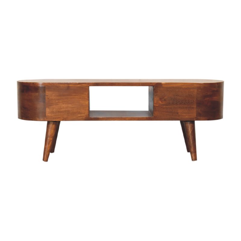 Chestnut Rounded Solid Wood 2 Drawer  Coffee Table with Open Slot