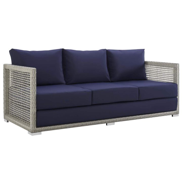Aura Outdoor Patio Sofa - Synthetic Gray-on-Gray Wicker Rattan, Aluminum Frame, All-Weather Cushions, Extra Wide and Deep Body, Fully Assembled