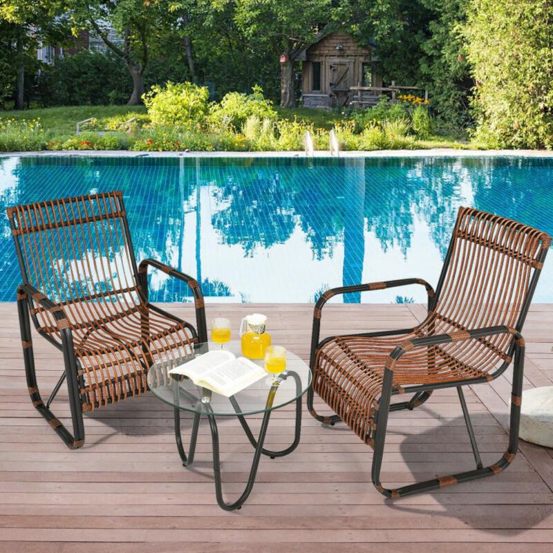 Hivvago 3 Pieces Patio Rattan Furniture Set with 2 Single Wicker Chairs and Glass Side Table