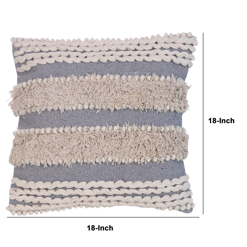 18 x 18 Handcrafted Shaggy Cotton Accent Throw Pillows, Woven Yarn, Set of 2, Beige, Gray