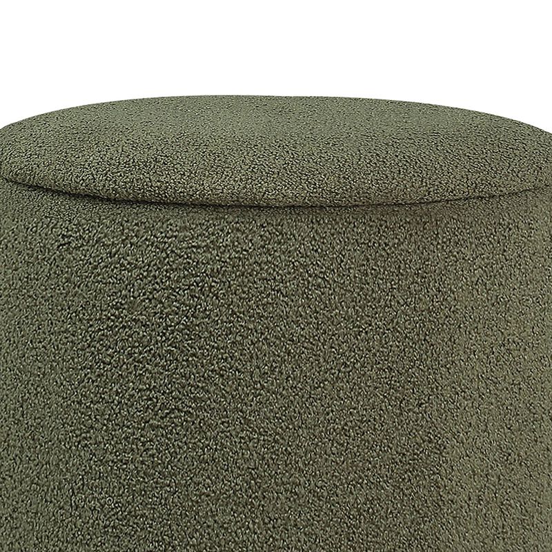 Zia 19 Inch Ottoman, Green Faux Sheepskin Upholstery, Round Platform Base - Benzara