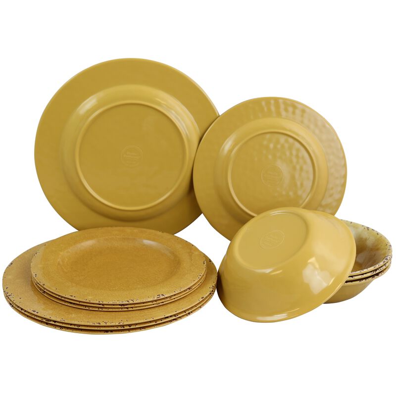 Studio California Melamine Mauna 12-Piece Dinnerware Set in Yellow Crackle Look Decal