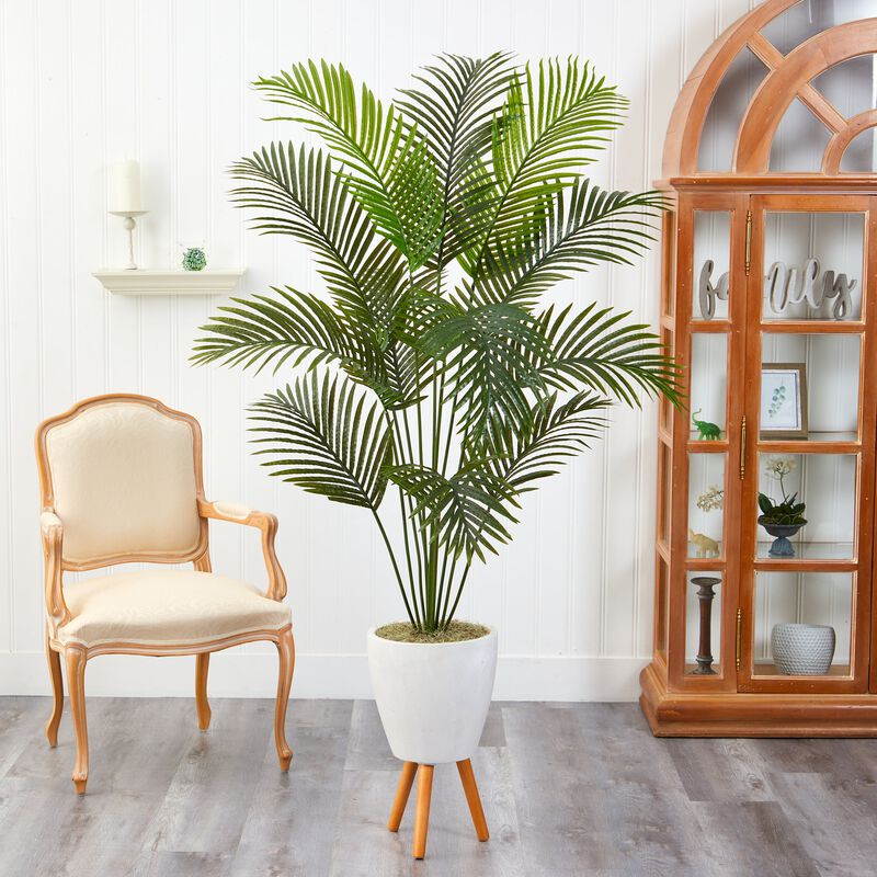 HomPlanti 6.5 Feet Golden Cane Artificial Palm Tree in White Planter with Stand