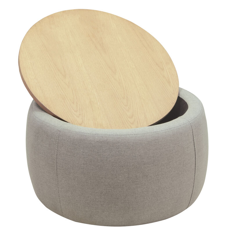 Round Storage Ottoman, 2 in 1 Function, Work as End table and Ottoman, Grey (25.5"x25.5"x14.5")