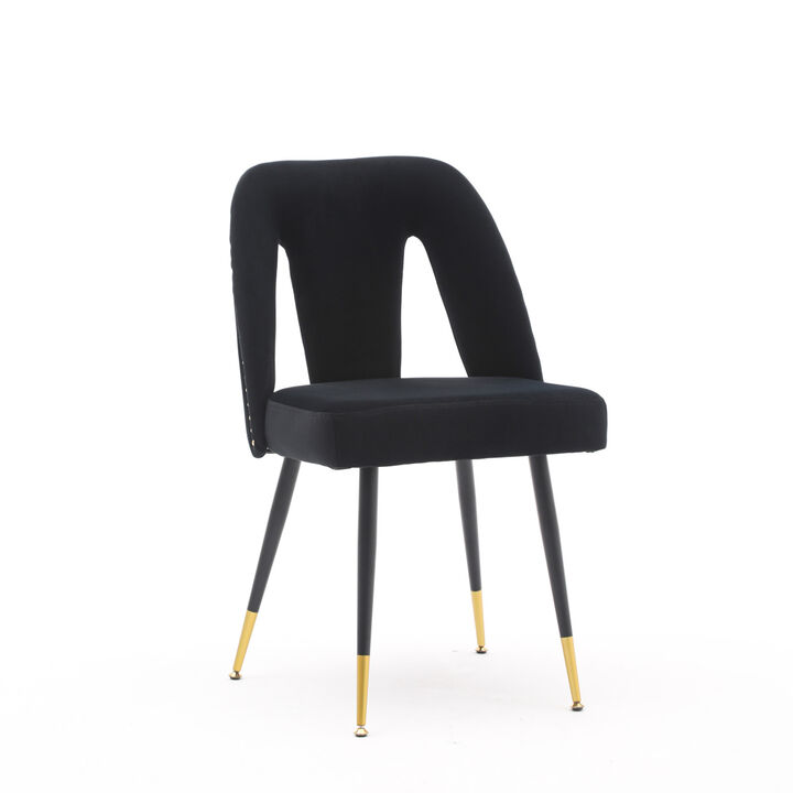 Modern Contemporary Velvet Upholstered Dining Chair with Nailheads and Gold Tipped Black Metal Legs, Black, Set of 2