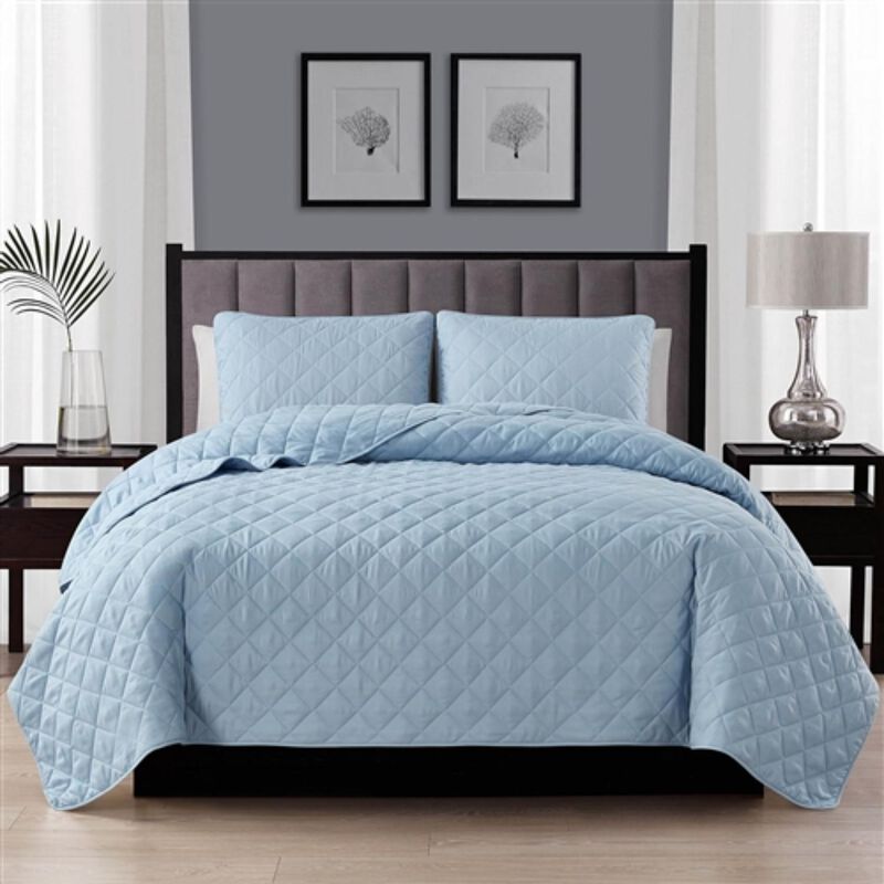 Hivvago Twin/Twin XL 2 Piece Light Blue Microfiber Reversible Diamond Quilt Set