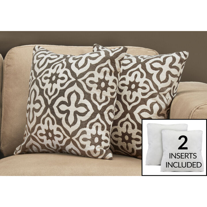 Monarch Specialties I 9217 Pillows, Set Of 2, 18 X 18 Square, Insert Included, Decorative Throw, Accent, Sofa, Couch, Bedroom, Polyester, Hypoallergenic, Brown, Modern