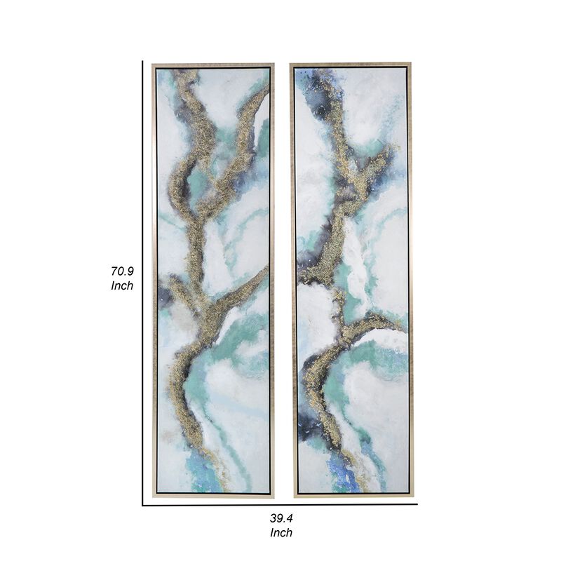 20 x 71 Tall Framed Wall Art Oil Painting Set of 2, Blue and Gold Canvas - Benzara
