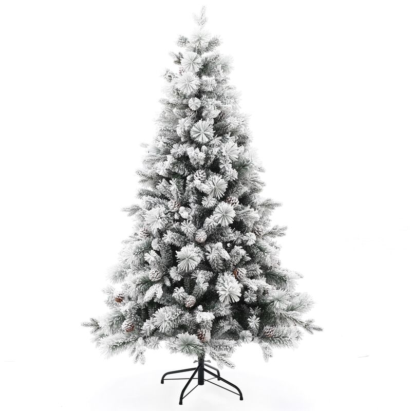 LuxenHome 6Ft Artificial Flocked Full Pine Christmas Tree with Pinecones