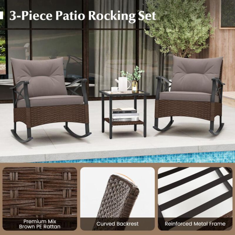 Hivvago 3 Pieces Outdoor Rattan Rocking Chairs Set with  2-Tier Side Table for Garden Backyard