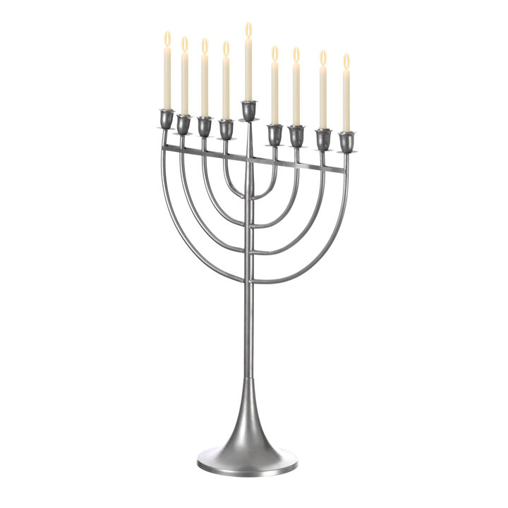 Modern Solid Metal Judaica Hanukkah Menorah 9 Branched Candelabra, Aluminum Finish Medium