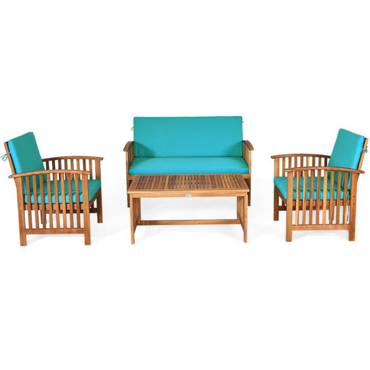 Hivvago 4 Pieces Patio Solid Wood Furniture Set with Water Resistant Cushions