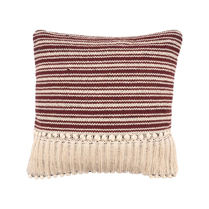 20" Maroon and Cream Striped Square Throw Pillow with Fringe