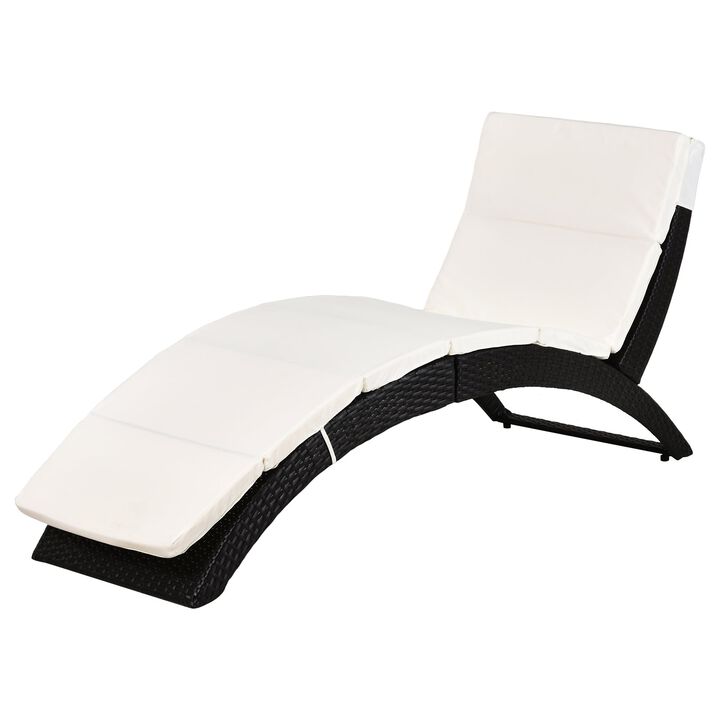 Poolside Lounger: Beige Foldable PE Rattan Chaise with Cushion