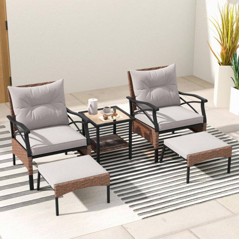 Hivvago 5 Pieces Wicker Patio Furniture Set Ottomans and Cushions and 2-Tier Tempered Glass Side Table