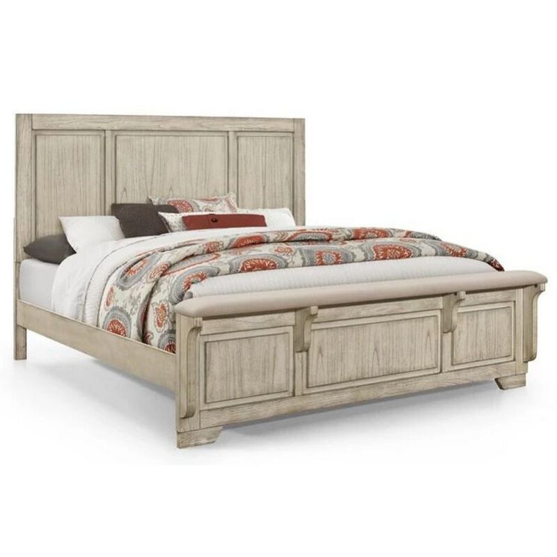Ashen Queen Size Bed, Transitional Panel Design, Wire Brushed Rustic White - Benzara
