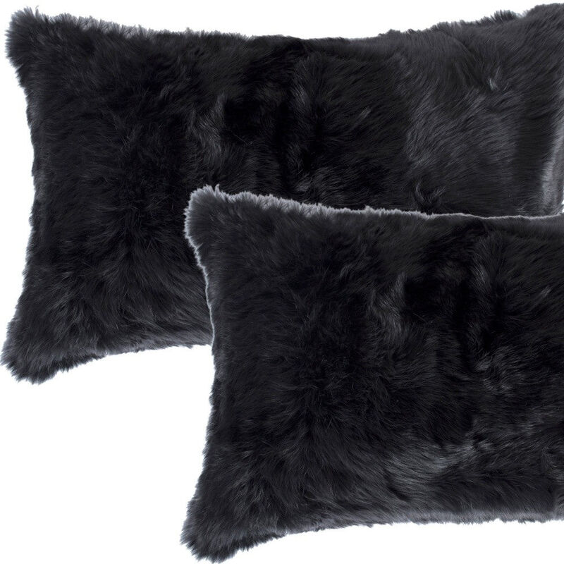 Homezia Set Of Two 12" X 20" Black Rabbit Natural Fur Throw Pillows