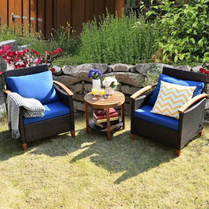 Hivvago 3 Pieces Patio Wicker Furniture Set with Washable Cushion and Acacia Wood Tabletop