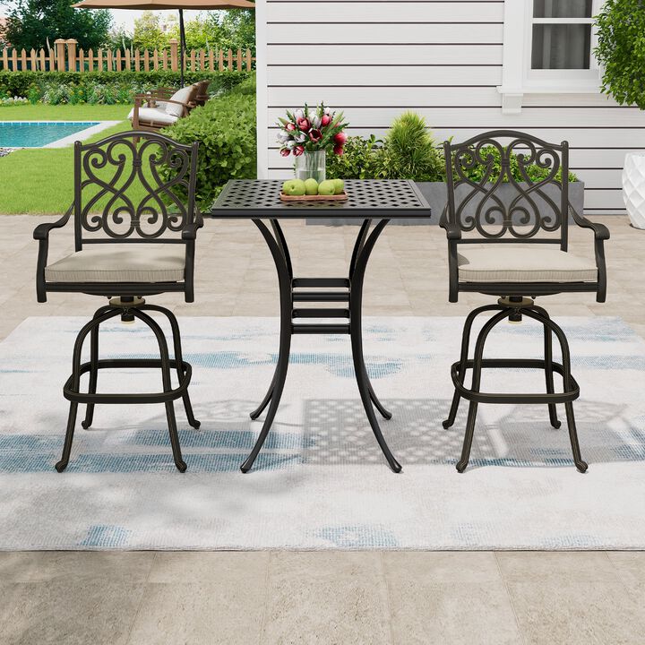 MONDAWE 29" Square Cast Aluminum Outdoor Patio Bistro Bar Table with Umbrella Hole, Black