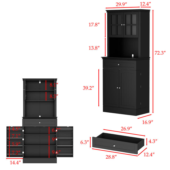 Black Painted Accent Storage Cabinet, Sideboard with Framed Transparent Doors, Drawer, Adjustable Shelves and Hutch