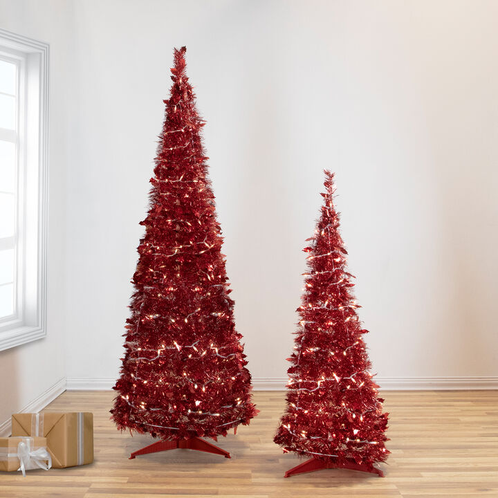 6' Pre-Lit Red Tinsel Pop-Up Artificial Christmas Tree - Clear Lights