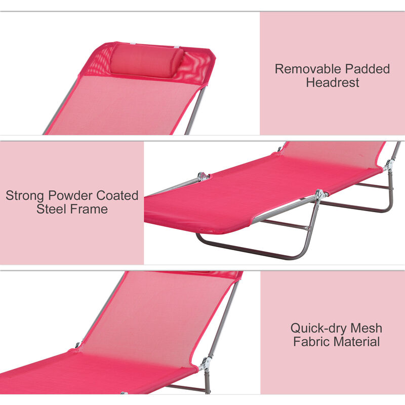 Outdoor Folding Sun Lounge Chair with Reclining Backrest & Pillow, Pink