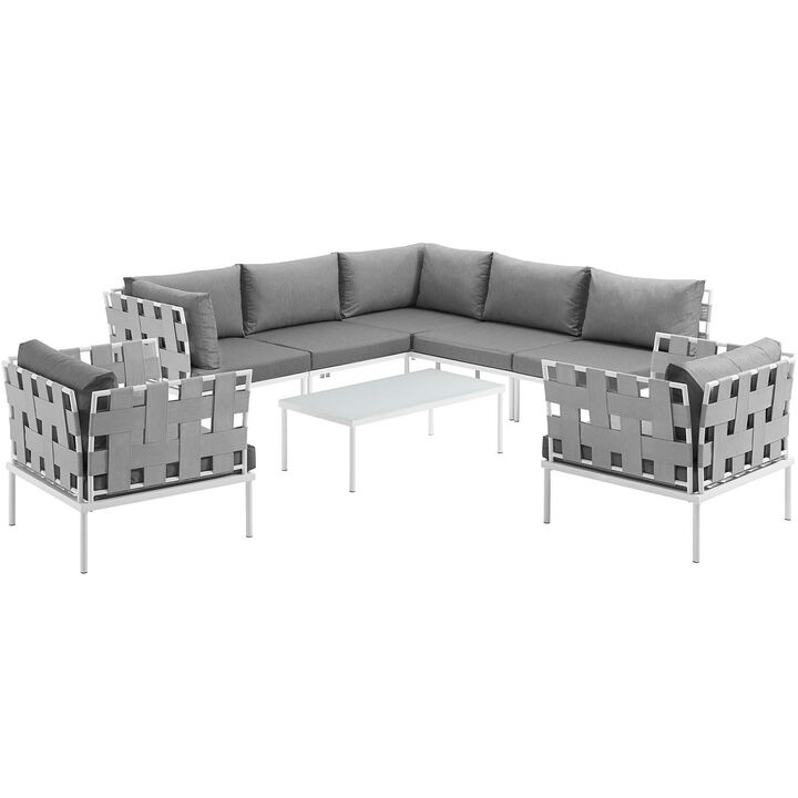 Harmony 8 Piece Outdoor Patio Aluminum Sectional Sofa Set - White Gray