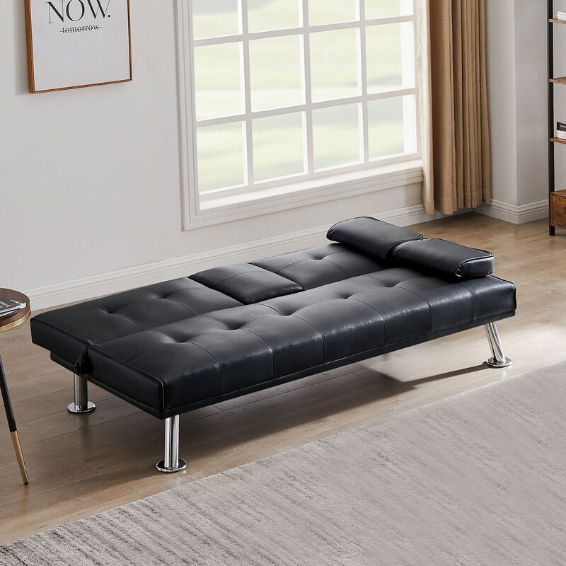 Modern Faux Leather Loveseat Sofa Bed With Cup Holders, Convertible Folding Sleeper Couch